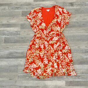 J. Jill Red Floral Wrap Dress Size Small Petite Flutter Sleeve R18